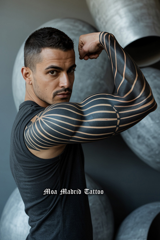 Diseños de tatuajes IA estilo op-art en pectoral y hombro