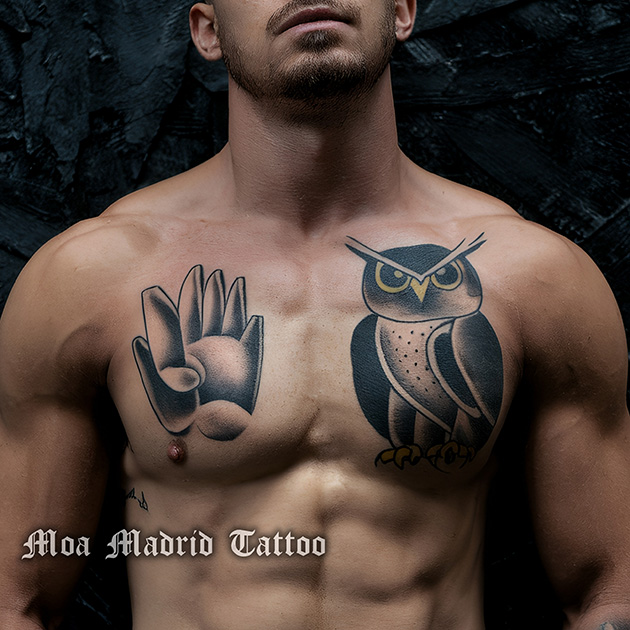 Tatuajes IA estilo cubista con mano y búho