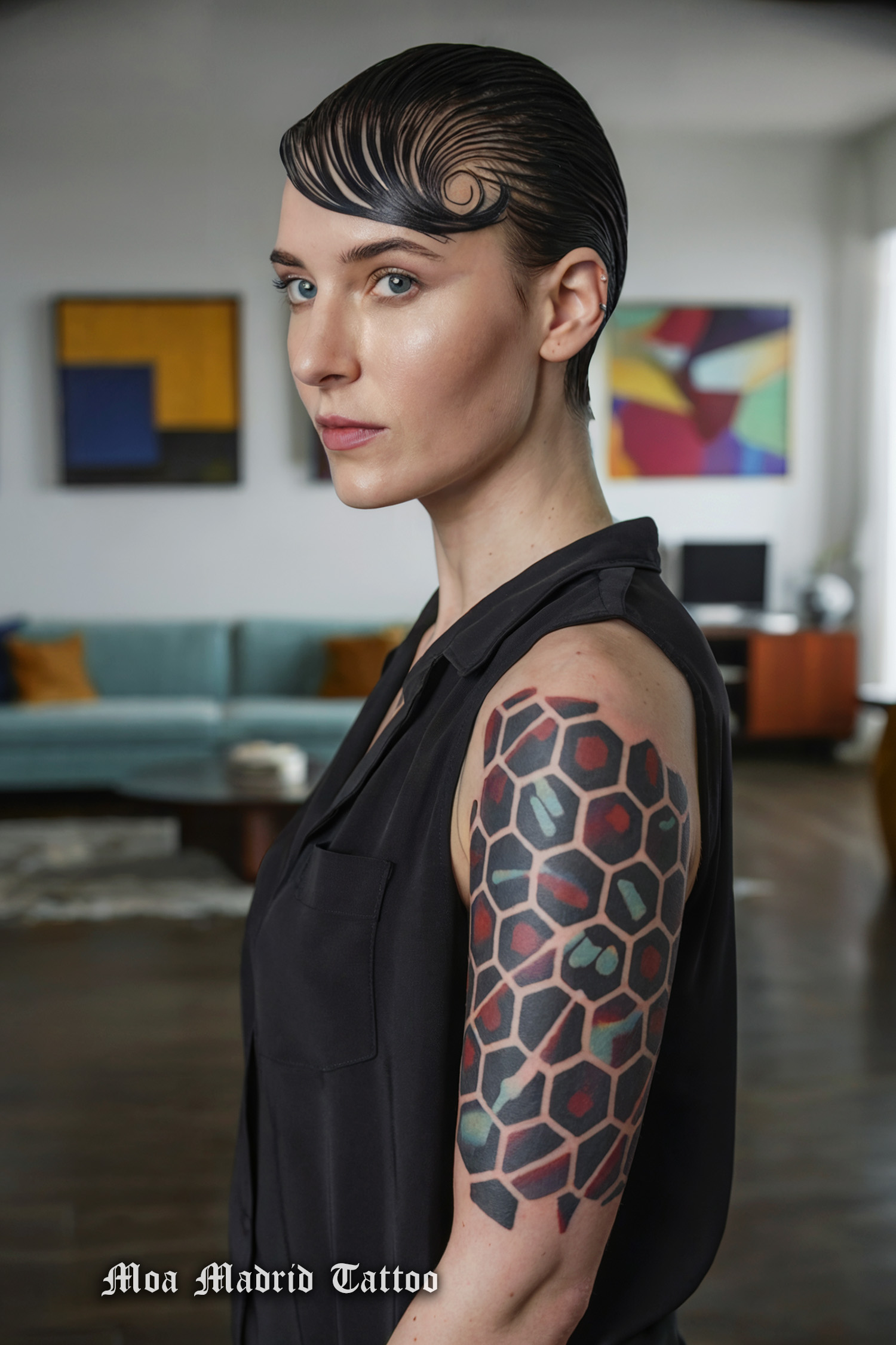 Tatuaje IA abstracto de hexágonos para mujer