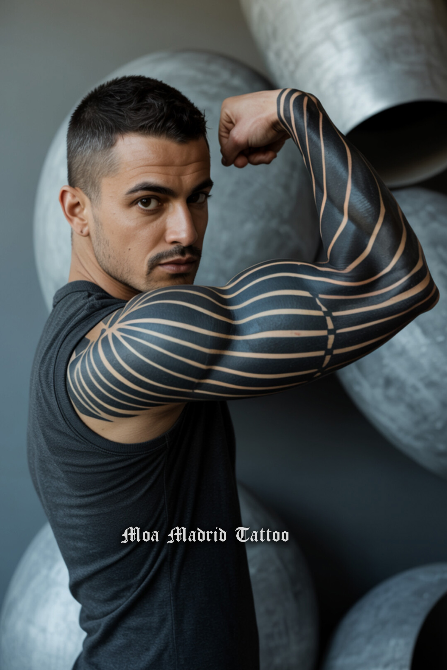 Tatuaje IA de líneas negras músculos brazo para hombre