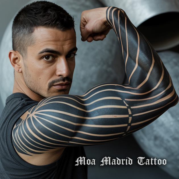 Tatuaje IA de líneas negras músculos brazo para hombre
