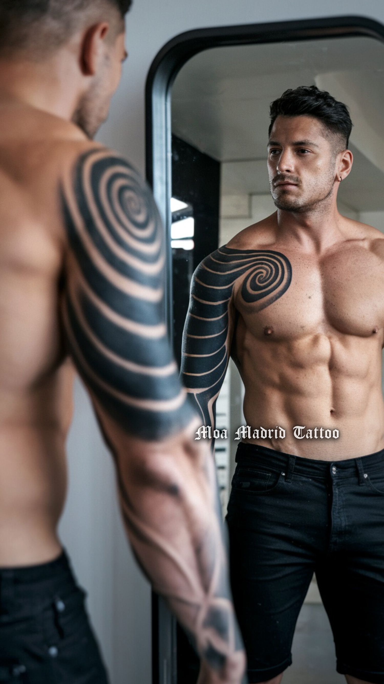 Tatuaje IA op-art espirales hombro pectoral